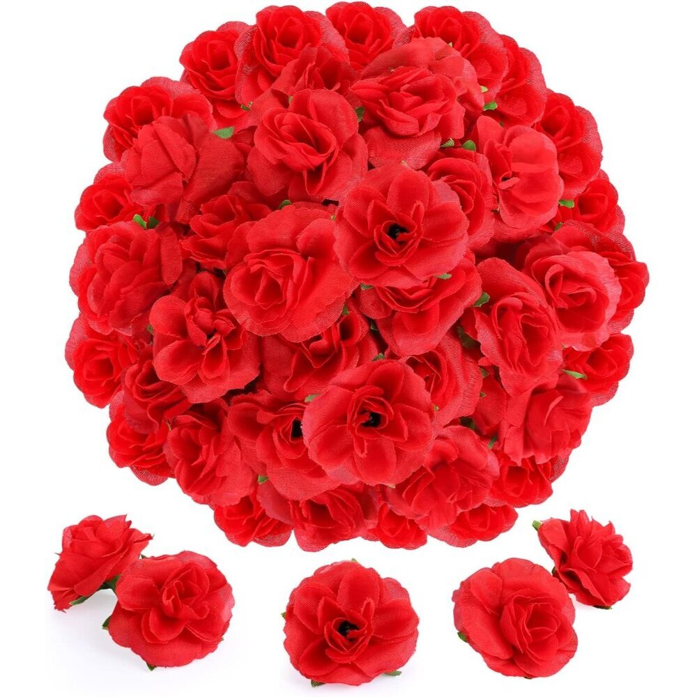 50pcs Mini Red Roses Artificial Flower Heads, 1.57” Fake Rose for DIY Wedding Br